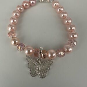 Elegant Pink Pearl and silver Butterfly Bracelet
